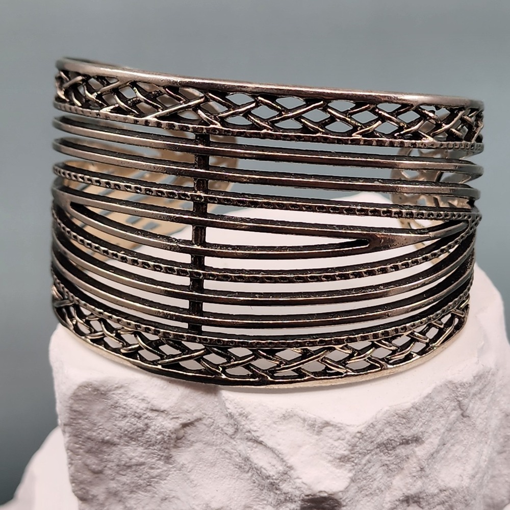 Silver Tone Wide Cuff Bracelet Openwork Braided Lattice Boho Statement Metal